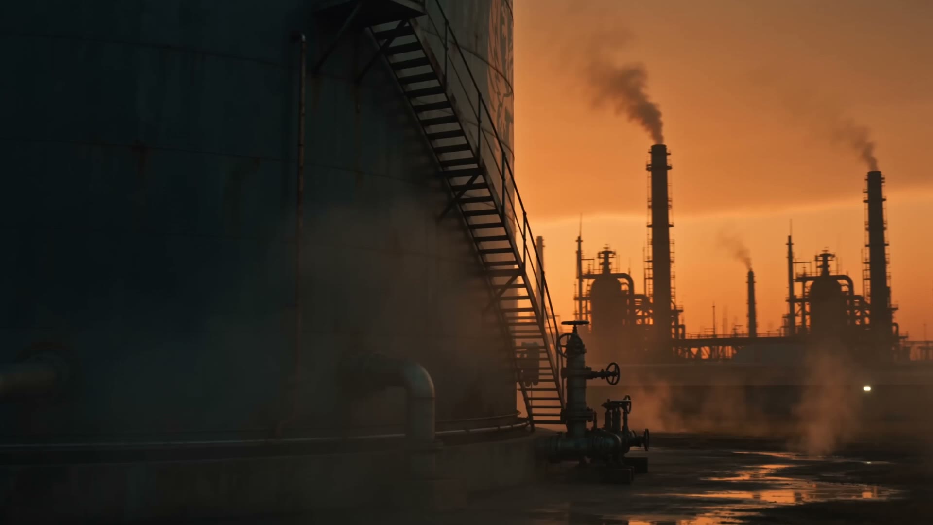 Monolithic storage tank at industrial sunset